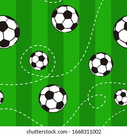 Seamless pattern with soccer balls on a green field. Hand-drawn football balls and soccer striped grass field. Vector illustration for the design of sports posters, banners and design.