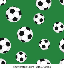 Seamless pattern with soccer balls on green. Sports background. Vector illustration in cartoon flat style.