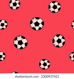 Seamless pattern with soccer balls on a green field. Hand-drawn football balls and soccer striped grass field. Vector illustration for the design of sports posters, banners and design
