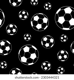 Seamless pattern of soccer balls on a black background. Design for football fans.