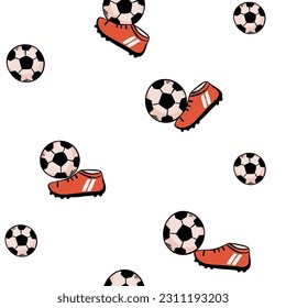 Seamless pattern with soccer balls on a green field. Hand-drawn football balls and soccer striped grass field. Vector illustration for the design of sports posters, banners and design