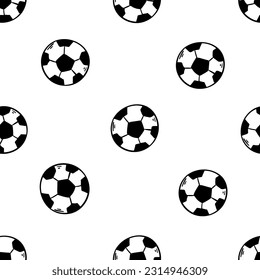 Seamless pattern with soccer balls on a green field. Hand-drawn football balls and soccer striped grass field. Vector illustration for the design of sports posters, banners and design.