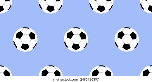 Seamless pattern with soccer balls on a blue background, sports games, inventory for sportsmen