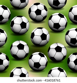 Seamless pattern with soccer balls on green blurred background