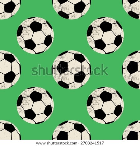 Seamless pattern with soccer balls on a green background.