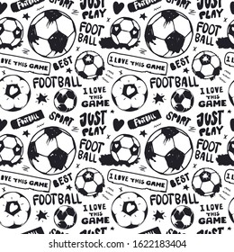 Seamless pattern with soccer balls and text for textile. Hand drawing, short hand-written phrases: just play, i love this game. Sports background.