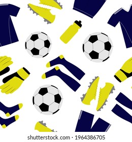 Seamless pattern of soccer equipment. Colorful objects on white background