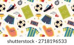 Seamless pattern with soccer equipment and fan accessories. Sport items like ball, jersey, field and uniform. Trendy vector illustration on a light background, hand drawn, flat design
