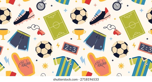 Nahtloses Muster mit Fußballausrüstung und Ventilatorzubehör. Sportartikel wie Ball, Trikot, Feld und Uniform. Trendige Vektorgrafik auf hellem Hintergrund, handgezeichnet, flaches Design