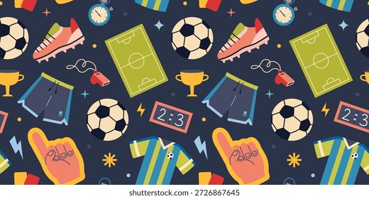 Patrón sin fisuras con equipo de fútbol y accesorios de ventilador. Artículos deportivos como pelota, jersey, campo y uniforme. Ilustración vectorial de moda en un fondo oscuro, dibujado a mano, diseño plano