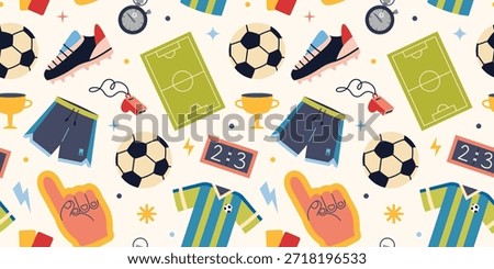 Seamless pattern with soccer equipment and fan accessories. Sport items like ball, jersey, field and uniform. Trendy vector illustration on a light background, hand drawn, flat design
