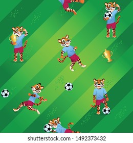 Seamless pattern of soccer field background and tigers as players in uniform with balls and goblets