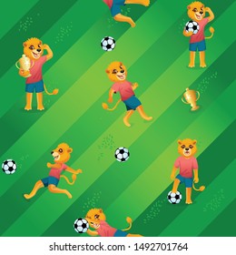 Seamless pattern of soccer field background and lions as players in uniform with balls and goblets