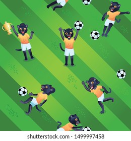 Seamless pattern of soccer field background and panther girls as players in uniform with balls and goblets