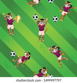 Seamless pattern of soccer field background and tiger girls as players in uniform with balls and goblets