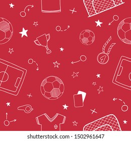Seamless pattern of soccer/football symbols.
Included the icons as balls, Winner's Cup, medal, t-shirts, football pitches, crank and more.
