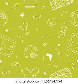 Seamless pattern of soccer/football symbols. Included the icons as balls, Winner's Cup, medal, t-shirts, football pitches, crank and more.
