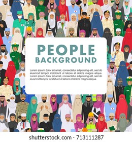Seamless pattern social concept. Large group muslim arabic people professions occupation standing together in different suit and traditional clothes in flat style. Arab men and women in row. Vector.
