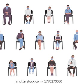 Seamless pattern of social distancing of adults and children sitting on chairs and waiting in the queue