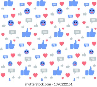 Seamless Pattern with Social Media Icons. Hand with Thumb Pointing Up, Like, Heart, Smile, Bubble Speech Signs on White Background. Blue, Red and Gray Colors Palette. Cartoon Flat Vector Illustration