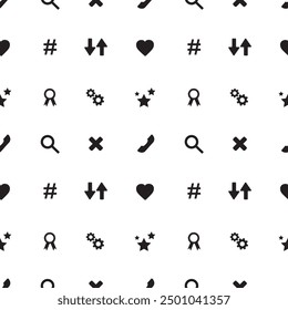 Nahtloses Muster mit Symbolen sozialer Medien. Textur Hintergrund mit Internet-Netzwerk-Icons. Hintergrundbild für Webzeichen. Schwarze Piktogramme einzeln auf weiß. flache Vektorgrafik