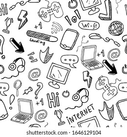Patrón sin problemas con los medios sociales y las redes, símbolos sobre fondo blanco. Ilustración vectorial en estilo de arte en línea
