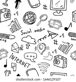 Seamless pattern with social media and networking, symbols on white background. Vector illustration in line art style