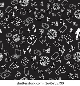 Seamless pattern with social media and networking, symbols on white background. Vector illustration in line art style