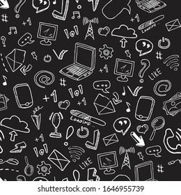 Seamless pattern with social media and networking, symbols on white background. Vector illustration in line art style