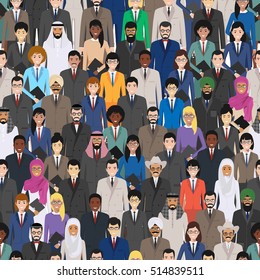 Seamless pattern social, teamwork and business team concept of people communication in flat style. Group of businessmen and businesswomen standing together. Different nationalities and dress styles.