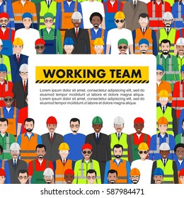 Seamless pattern social, teamwork and working team concept of people communication in flat style. Group of workers, builders and engineers standing together. Different nationalities and dress styles. 
