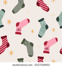 Seamless pattern with socks. Christmas pattern with socks. Stylish Christmas socks vector illustration.Cotton stylish trendy socks