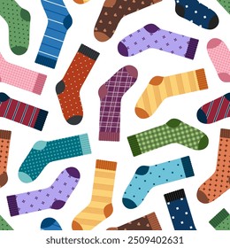 Seamless pattern with socks. Colored pairs of socks with different ornaments on white background. Foot apparel collection. Cotton and wool accessory. Vector flat illustration 