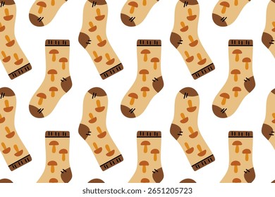 Seamless pattern with socks decorated with mushrooms. Autumn forest theme with warm tones and cozy texture.