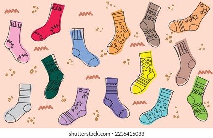 Seamless pattern and Socks  Hand  drawn socks pattern  multicolor socks seamless vector pattern  Stylish funny socks pattern and different textures  Fun minimalistic patterns in different colorful 