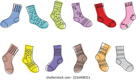 Seamless pattern with Socks isolated on white background. Hand drawn socks pattern. multicolor socks seamless vector pattern. Stylish funny socks pattern with different textures, seamless background. 