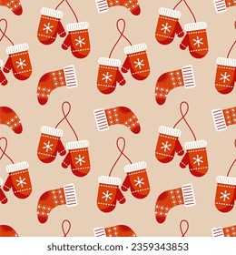 Seamless pattern, socks and mittens with snowflake ornament. Print, christmas background, vector	
