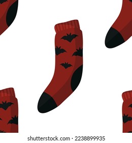 Seamless pattern of socks. A set of fun, bright, woolen, stylish socks with a pattern and patterns. Christmas socks, Halloween, New Year, knitted. Cozy atmosphere. A gift for the holiday.
