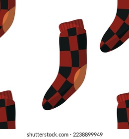 Seamless pattern of socks. A set of fun, bright, woolen, stylish socks with a pattern and patterns. Christmas socks, Halloween, New Year, knitted. Cozy atmosphere. A gift for the holiday.