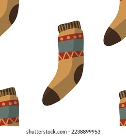 Seamless pattern of socks. A set of fun, bright, woolen, stylish socks with a pattern and patterns. Christmas socks, Halloween, New Year, knitted. Cozy atmosphere. A gift for the holiday.