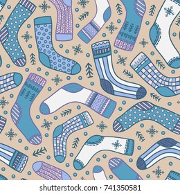 seamless pattern with socks with snowflakes and fir-trees