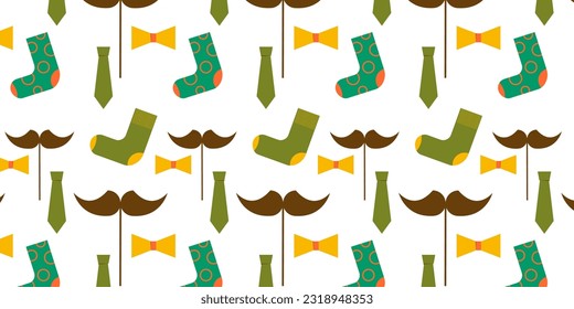 Patrón sin foco. Calcetines, corbata, corbata de arco, bigote. Día de papá. Ilustración plana vectorial.