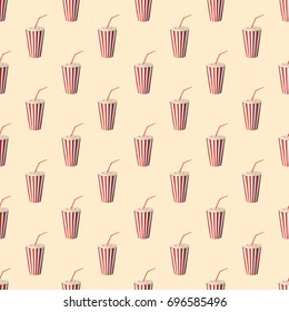 Seamless pattern with soda cups on yellow background. Graphic design elements for menu packaging, advertising, poster and brochure. Vector illustration for bistro, snackbar, cafe or restaurant