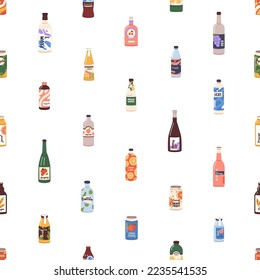 Patrón sin foco con refrescos, limonadas de fruta. Fondo infinito, repitiendo la impresión, botellas de zumo, refrescos de verano, agua de azúcar en latas, bebidas frías. Ilustración vectorial plana de color.