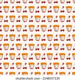 Seamless pattern with soda in glass cup and cherries. Kitchen background. Print for textiles, wrapping paper, wallpaper.