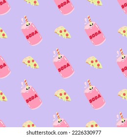 Seamless pattern with soda and pizza on purple background. Fast food concept. Design for restaurant menu. Isolated vector illustration