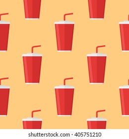 Seamless pattern with soda takeaway on orange background. Vector texture.