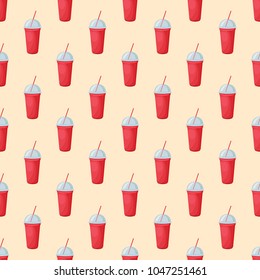 Seamless pattern with soda water in a red cup with a straw and a transparent lid on yellow background. Vector illustration of drinks in cartoon style