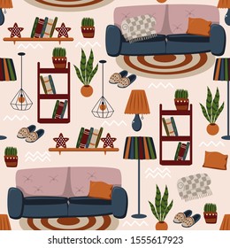 seamless pattern with sofa and bookshelves - vector illustration, eps