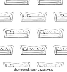 Seamless pattern. Sofa, ottoman on a white background. Vector illustration in sketch style.